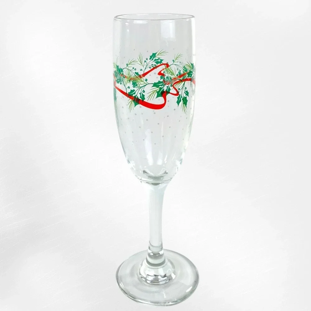 Libbey Christmas Champagne Flutes Set 10 Holly Ribbon Evergreen Snow 1990s